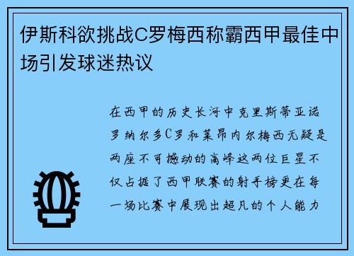 伊斯科欲挑战C罗梅西称霸西甲最佳中场引发球迷热议