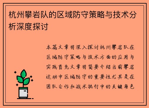 杭州攀岩队的区域防守策略与技术分析深度探讨