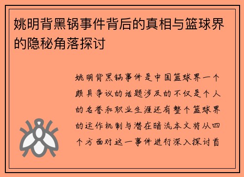 姚明背黑锅事件背后的真相与篮球界的隐秘角落探讨