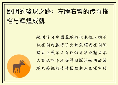 姚明的篮球之路：左膀右臂的传奇搭档与辉煌成就
