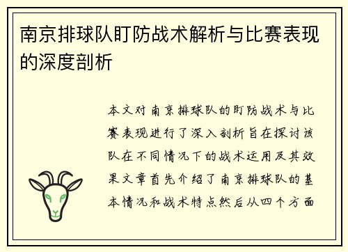 南京排球队盯防战术解析与比赛表现的深度剖析
