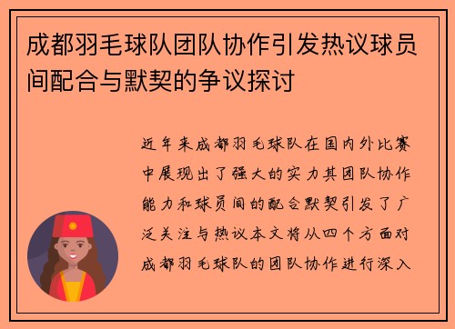 成都羽毛球队团队协作引发热议球员间配合与默契的争议探讨