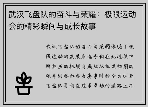 武汉飞盘队的奋斗与荣耀：极限运动会的精彩瞬间与成长故事
